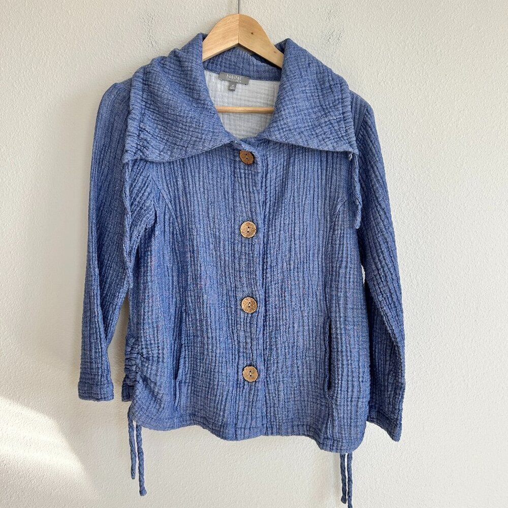 Habitat Jacket Blue Button Up Crop Crinkle Gauze 3/4 Sleeve Lagenlook